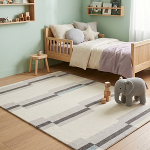 Tapis en laine tufté à la main gris ivoire Cloudline Blocks, moderne, abstrait, linéaire, antidérapant, écologique, pour salon, hôtel - Product Image 4