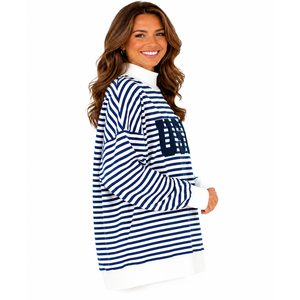 Sudadera de punto de manga corta con cuello alto y rayas bordadas para mujer, estilo náutico, con estampado de letras USA, corta - Product Image 2