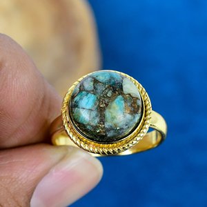 Bague artisanale en amazonite bleue naturelle de forme ronde, plaquée or 18 carats sur argent sterling 925 - Product Image 2