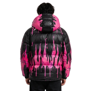Neon Pink <b>Black</b> Paint Drip Star <b>Men</b> Puffer Jacket Comfortable <b>Fleece</b> Lining Long Sleeves Horizontal Quilt Hooded Jackets - Product Image 2