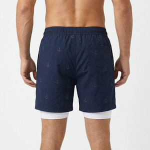 Shorts de bain décontractés pour hommes, séchage rapide, avec doublure intérieure en maille, imperméables, 100 % coton, anti-UV, fermeture à cordon, imprimé ancre noire, vente en gros - Product Image 3