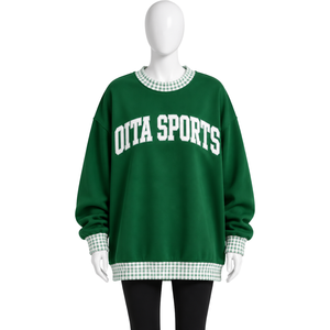 Sweat-shirt décontracté vert foncé pour homme, coupe ample, col et ourlet à carreaux vichy, manches longues, motif graphique, style streetwear - Product Image 1