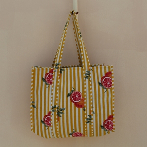 Elegant Quilted 100% Cotton Medium Size Shopping Yellow Tote <b>Bag</b> with Fruit Print Handmade <b>Reusable</b> Long Shoulder Strap Carry - Product Image 3