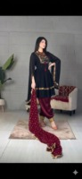 Shalwar Kameez pakistanais pour femmes, robes décontractées, robe noire, pantalon bordeaux, col brodé, dupatta en filet, vêtements ethniques