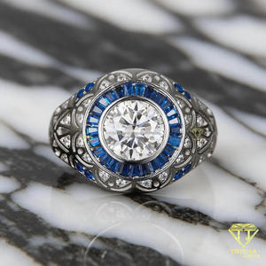 Anillo de Hombre con Diamante Moissanite Redondo Plateado y Baguette Azul, Anillo de Estilo Art Deco Vintage, Anillo de Lujo para Boda, Regalo - Product Image 3