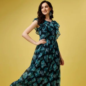 Vestido Largo de Georgette con Estampado Floral de Diseñador, con Forro de Crepé, Cuello Redondo, Manga Corta, Completamente Cosido, Estilo Étnico Fusion, Venta al Por Mayor - Product Image 1