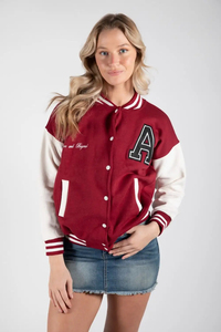 Chaqueta Varsity Roja y Blanca para Mujer, Manga Larga, Letra A Bordada, Cuello Camisero, Ropa de Abrigo para Otoño - Product Image 5