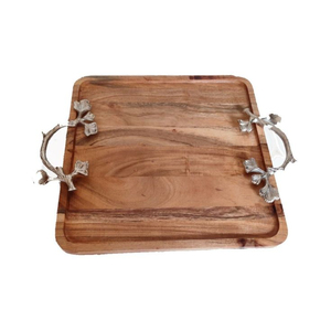Plateau de service en bois artisanal avec poignées en métal décorées de feuilles argentées, idéal pour les fournitures de fête, les collations ou la présentation de fruits secs - Product Image 2