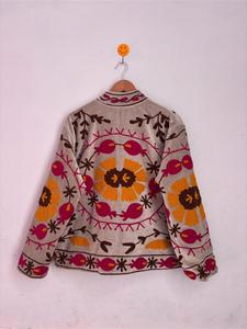 Premium Gray <b>Velvet</b> Embroidered Suzani <b>Jacket</b> With Floral Pattern Full Sleeve Stand Collar Handmade Bohemian Winter Outerwear - Product Image 5
