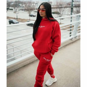 Conjunto de Sudadera con Capucha de Forro Polar Rojo de 2 Piezas para Mujer, Manga Larga, Corte Holgado, Ropa Deportiva para Todas las Temporadas - Product Image 4