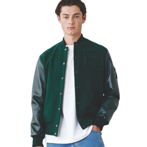 Custom High Quality <b>Men</b> Vintage Green Wool Varsity <b>Jacket</b> Real Leather Sleeves Letterman <b>Baseball</b> <b>Jacket</b> With Embroidered Patch - Product Image 1