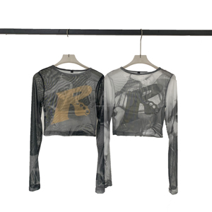 เสื้อยืดแขนยาวคอกลมผ้าสแปนเด็กซ์แบบโปร่งใสพิมพ์ลายโลโก้ตามสั่งสำหรับผู้หญิงฤดูร้อน  แบบครอปท็อปผ้าตาข่ายทั้งตัว เป็นมิตรกับสิ่งแวดล้อม - Product Image 5