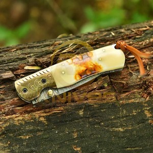 Custom Logo Damascus Steel Folding <b>Knife</b> Natural <b>Bone</b> <b>Handle</b> Outdoor Hunting Camping Pocket <b>Knife</b> Wholesale Supplier - Product Image 6