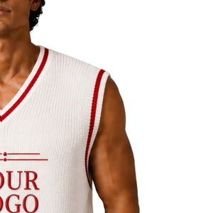 <b>Mens</b> <b>White</b> With Red Contrast Stripe Summer Knit Sweater <b>Vest</b> V Neck Sleeveless Pullover Custom Logo Wool Acrylic OEM Wholesale - Product Image 6