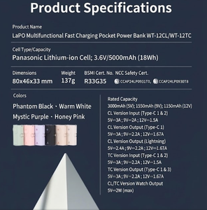 LaPO 20W แบตสำรองชาร์จเร็ว 3000mAh |   ปลั๊กแบบพับได้ในตัวและปลั๊ก Type-C |   แท่นชาร์จไร้สายสำหรับ Apple Watch |   ซีอี เอฟซี - Product Image 6