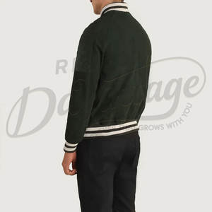 Chaqueta Bomber Varsity de Cuero de Ante Verde Oscuro para Hombre, Ajuste Delgado, Puños Acanalados a Rayas, Estilo Béisbol Casual, Prenda Exterior de Cuero Genuino - Product Image 2