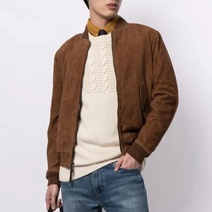 เสื้อแจ็คเก็ตบอมเบอร์หนังกลับสีน้ำตาลสำหรับผู้ชาย - Product Image 3