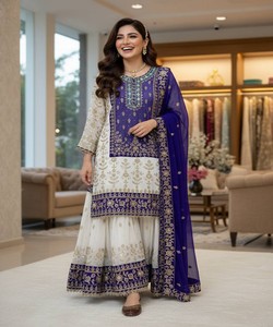 Women Designer Salwar Kameez Set Blue White Embroidered Silk Traditional Ethnic Wear <b>Floor</b> Length Wedding Outfit 83869 LC 1460 - Product Image 2