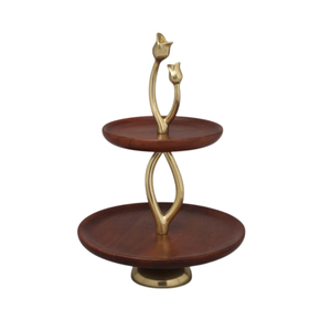 Elegant 2-Tier Mango Wood And Gold Metal Cake Stand Handcrafted Round Dessert & Cupcake Display Stand For Weddings In Low Price - Product Image 3