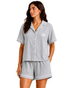 Ensemble de pyjama pour femmes personnalisé gris clair, manches courtes, boutonné, vêtements de nuit doux et respirants, vêtements de détente décontractés pour l'été - Product Image 1