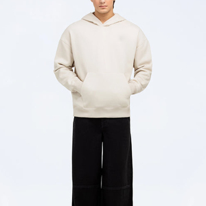 <b>Mens</b> Oversized Hooded Sweatshirt Solid Cream Cotton French Terry Casual Long Sleeve <b>Pullover</b> With Kangaroo Pocket Autumn Wear - Product Image 1