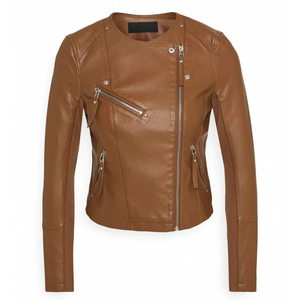 Women <b>Genuine</b> Leather Moto Jacket O-Neck Full Sleeve Zipper Closure Solid Color Autumn Wear - Product Image 1