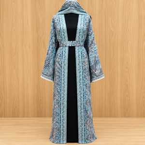 Abaya en pashmina imprimé pour femme avec châle assorti et ceinture de taille, robe kimono longue ouverte sur le devant, luxueuse, modeste, musulmane, islamique, à capuche, longueur au sol - Product Image 1