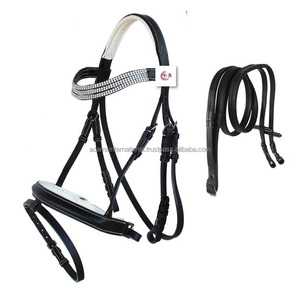 Juego de Riendas de brida inglesa de cuero negro multiusos con Crystal Brow Band Horse Products - Product Image 1