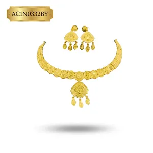Elegant Indian Pattern 24K Gold Plated Brass African Wedding Charm Necklace Jewelry Set with Flower Design and Matching Earrings - Product Image 4