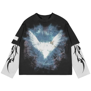 T-shirt graphique oversize pour homme, manches longues superposées, streetwear, imprimé ange, coton, décontracté, tendance, urbain - Product Image 2