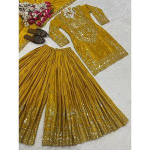 Ensembles modestes de créateur, tenue de soirée, haut avec sharara plazzo et dupatta, élégant et stylé - Product Image 1