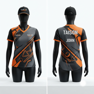 เสื้อสนุกเกอร์หญิง 160 GSM ผ้าโพลีเอสเตอร์พรีเมียมแบบอินเตอร์ล็อค สีดำ เทา ส้ม  พร้อมปักโลโก้ตามสั่ง - Product Image 1