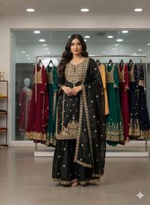 Conjunto de Traje Sharara de Seda Negra con Bordado Zari Dorado, Salwar Kameez para Bodas Indias y Pakistaníes, Atuendo Femenino de Secado Rápido - Product Image 1