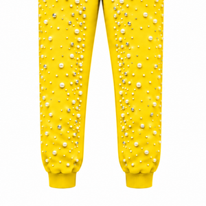 Custom Yellow Pearl Beaded Jogger Pants Women Fashion Embellished <b>Drawstring</b> Sweatpants Luxury Casual Streetwear Fleece <b>Trousers</b> - Product Image 6