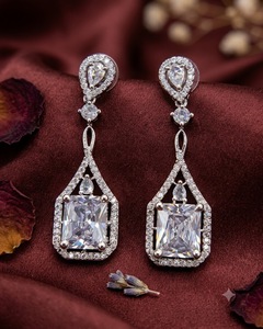 Square Cut Stone Geometric Frame Pear <b>Halo</b> Stud and Long Dangle <b>Earring</b> Design for Women Party Wear Dangle <b>Earrings</b> Manufacturer - Product Image 6