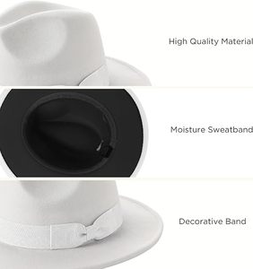 White Wool Fedora Hat Wide Brim Ribbon Band Unisex Formal Style Spring Summer Casual Adult 56-58CM - Product Image 4