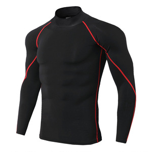 <b>Men's</b> Long Sleeve <b>Turtleneck</b> Compression Shirt <b>Black</b> With Neon Green Stitching Quick Dry Slim Fit Sporty Workout Top - Product Image 3