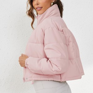 Women's Cropped Puffer Jacket Solid Color Stand Collar Zipper Closure Full <b>Sleeve</b> Winter Warm Outerwear Wholesale Puffer Jacket - Product Image 2