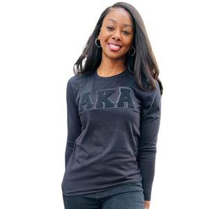 All Black <b>Glitter</b> AKA Long Sleeve Tee <b>Women</b> Slim Fit Chenille Letter Premium Cotton Stylish Casual Wear - Product Image 1