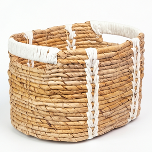 Panier de rangement naturel tissé à la main, écologique, avec poignées blanches, bac décoratif tissé pour l'organisation de la maison, du placard et du garde-manger - Product Image 1