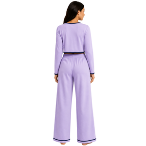 Conjunto de Pijama Personalizado para Mujer, Color Lavanda y Azul Marino, Manga Larga, Estilo Crop, Bordado Floral, Tejido de Algodón Suave, Pantalones Anchos, OEM - Product Image 2