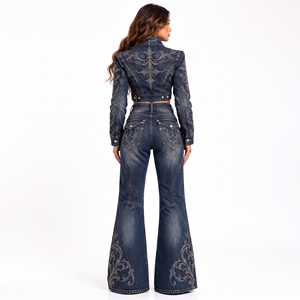 <b>Womens</b> Dark Blue Embroidered Denim Two Piece Set Cropped Jacket Flare <b>Jeans</b> <b>Vintage</b> Luxury Streetwear Wholesale Fashion - Product Image 2