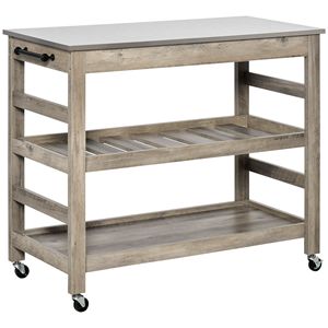 Carrello da Cucina Grigio con Design Antico, Piano in Acciaio Inox, Ripiano Inferiore e Centrale, 4 Ruote Girevoli, Materiale Metallico Resistente - Product Image 1