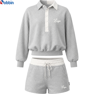 Autumn Wear Women's Custom logo 2pcs Sets Color-blocked Turn-<b>down</b> Neck Sweatshirts and Shorts Sets Casual Long-sleeve Set - Product Image 1