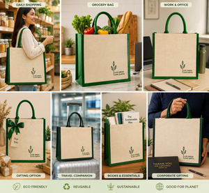 กระเป๋าผ้าปอกระเจา AMANI ขนาด 30x35x10 ซม. หูหิ้วยาว ลายพิมพ์รักโลก ขอบสีเขียว ผลิตที่เบงกอลตะวันตก เหมาะสำหรับใส่ของช้อปปิ้ง - Product Image 4