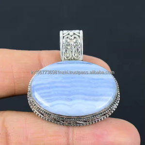 Venta caliente azul encaje ágata cabujones pulido a mano colgante de piedras preciosas con 925 Starling plata bucle colgante regalo de Navidad joyería - Product Image 1