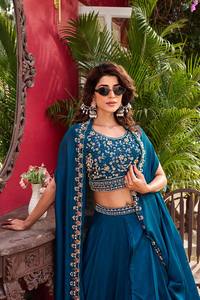 Ensemble Lehenga Choli brodé bleu en soie Banarasi Anarkali avec dupatta lourd, robe de soirée de mariage - Product Image 4