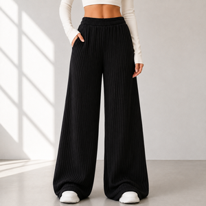 Women High Waist Wide Leg <b>Pants</b> Knitted Elastic Waist Solid Black Full Length Loose Fit Casual <b>Pants</b> With Pockets - Product Image 1