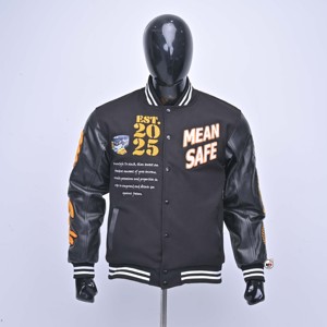 Mean Safe <b>Men's</b> PU <b>Leather</b> Varsity <b>Jacket</b> Embroidered Lettering Streetwear Winter Turn-down Collar Regular Fit Quick Dry - Product Image 1