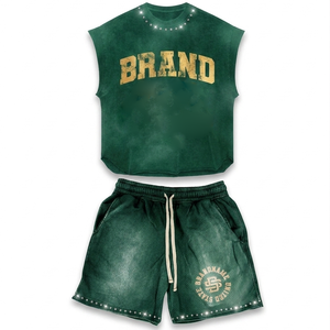 ชุดเสื้อยืดแขนกุดและกางเกงขาสั้นสำหรับผู้หญิง ผ้าคอตตอนผสมโพลีเอสเตอร์เนื้อนุ่ม พรีเมียม 185 GSM สไตล์วินเทจ รับสกรีนโลโก้ ชุดเซ็ตสำหรับผู้หญิง - Product Image 6